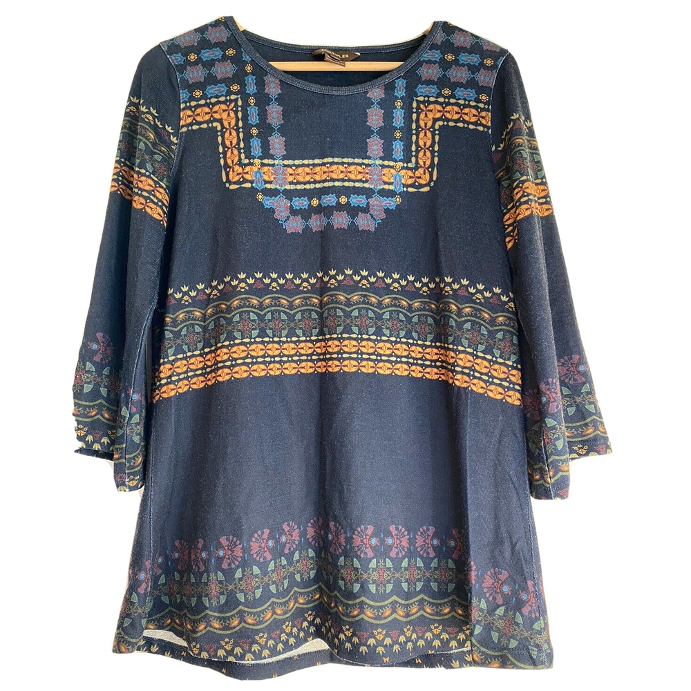 Multiples‎ Tunic Blouse Womens Size S Blue Pattern 3/4 Sleeve Geometric Pattern